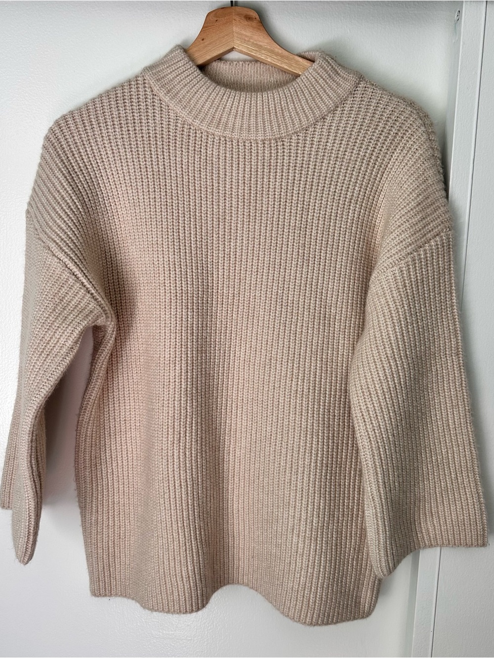 Nicole Miller Ribbed Cowl Neck Sweater in Light Beige